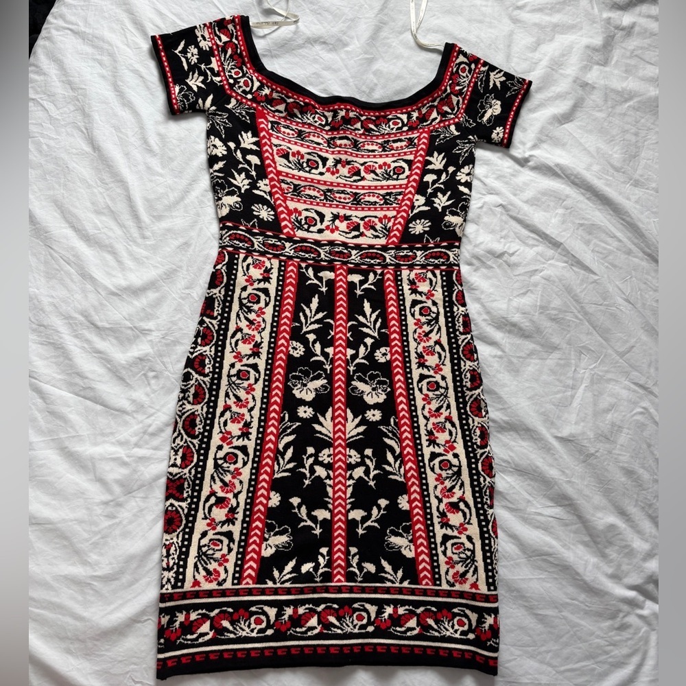 Chelsea & Violet knit sweater pattern holiday Dress in Black and Red Floral NWOT